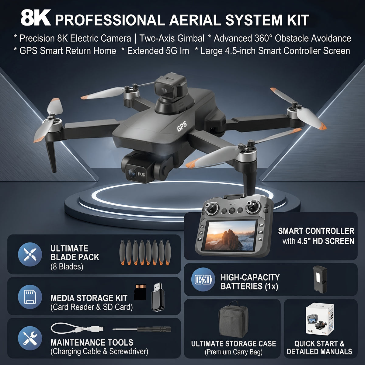 Pro 8K EIS Drone with 2-Axis Mechanical Gimbal, Optical Zoom, 5G Transmission, 4.5" Screen Remote, 40-Min Battery Life, 11811ft Control Range – Professional Aerial Camera Drone for Adults