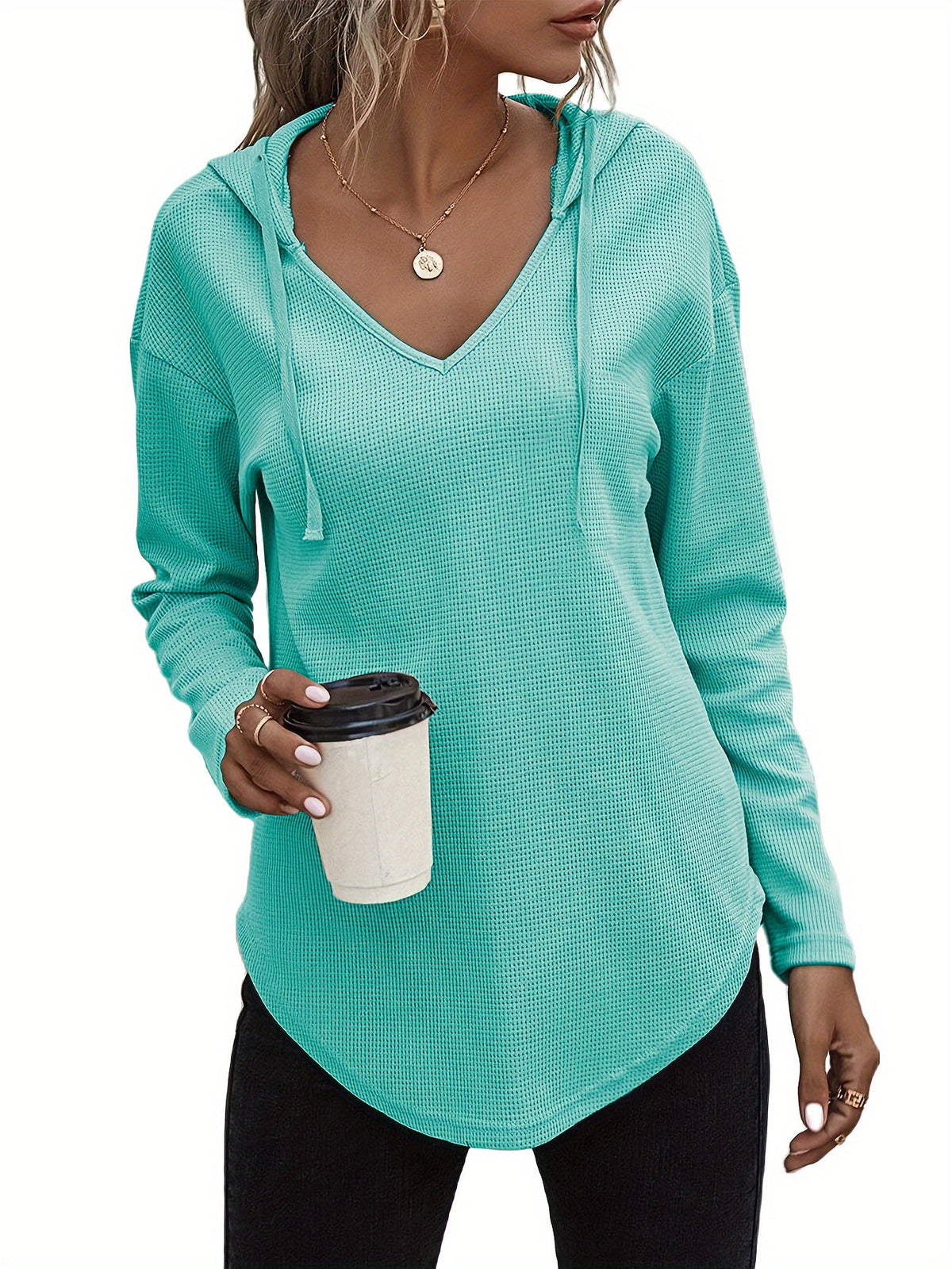 Women's Hanky Hem V-Neck Drawstring Hoodie Sweatshirt - Casual Long Sleeve Knit Hooded Pullover for Fall Winter