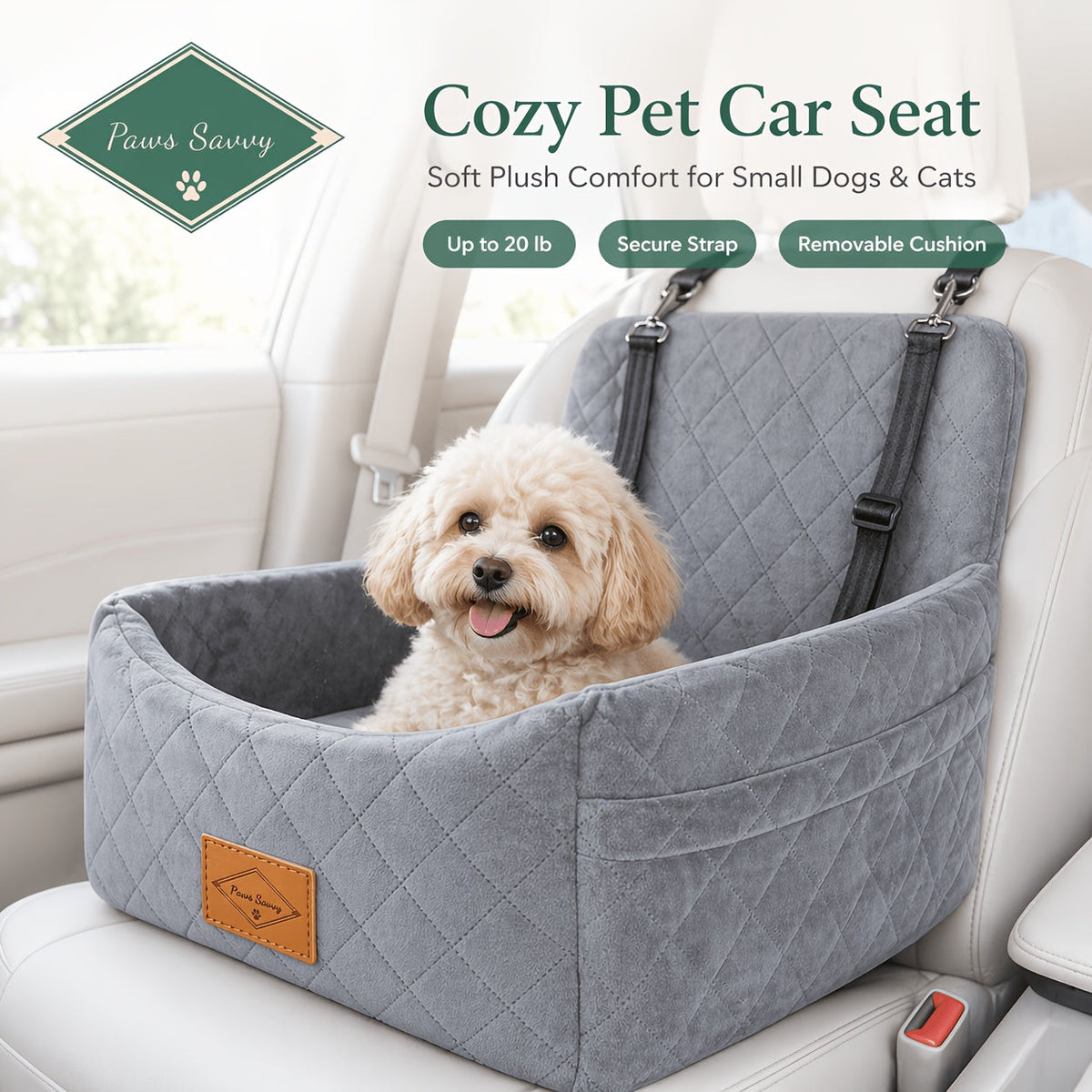 Dog Car Booster Seat with Safety Strap – Cozy Elevated Travel Bed for Small & Medium Dogs, Stable Non-Slip Design, Easy to Clean, 8 Colors Available