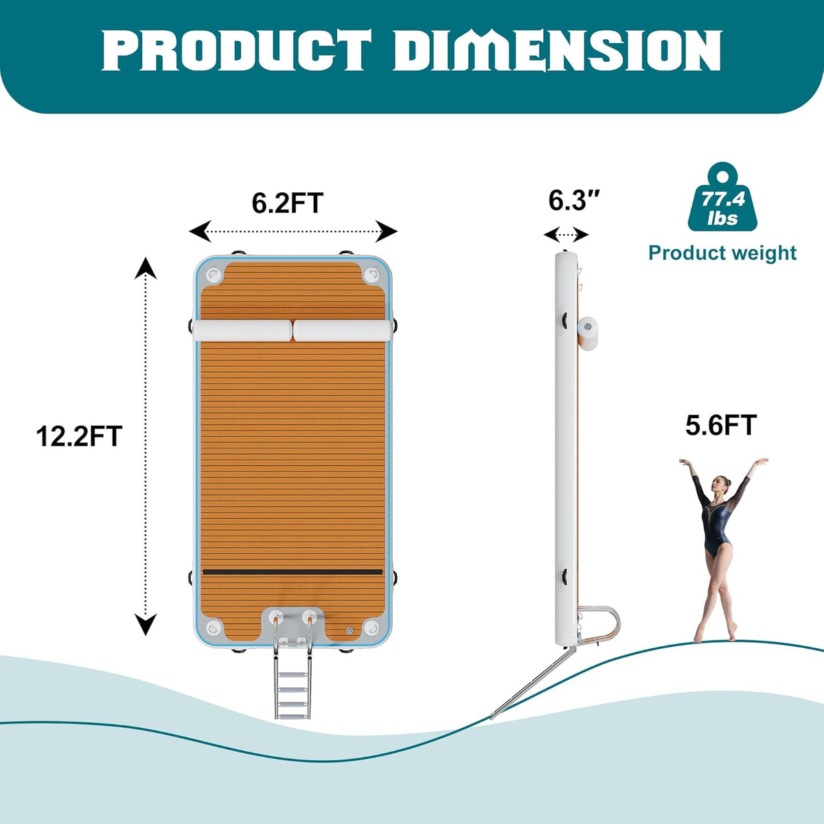 Inflatable Floating Dock Platform for Lake – Modular 12FT×6FT Drop Stitch PVC Swim Platform with D-Rings, Rope Ladder & Hand Pump, Non-Slip Water Mat for Adults & Kids