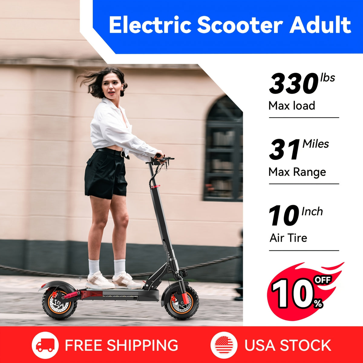 Electric Scooter for Adults 25 MPH 300 Lbs Capacity – 10 Inch Off-Road Foldable E-Scooter with 10AH/15AH Battery, 30-40 Miles Long Range, Heavy Duty Commuter & Trail Scooter for Men