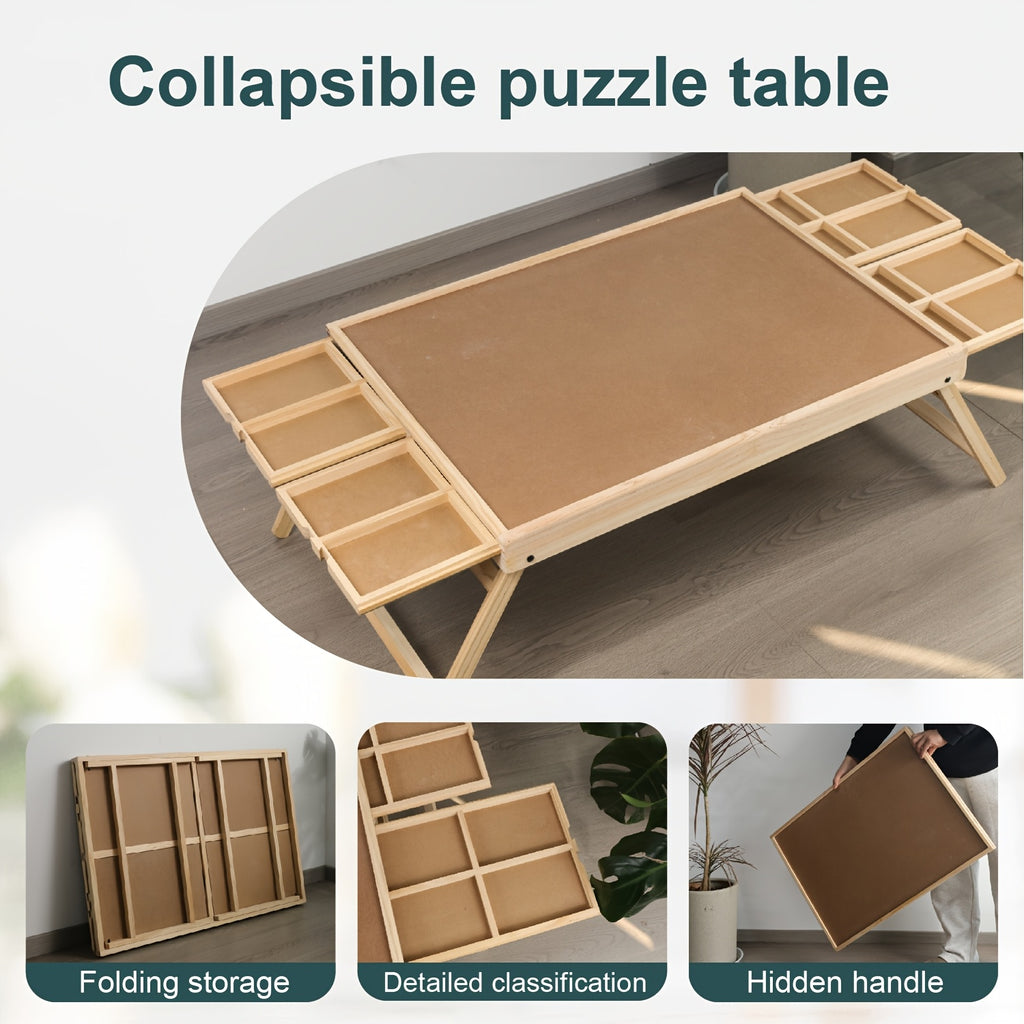 Wooden Jigsaw Puzzle Table with Folding Legs - 4 Drawers & 16 Sorting Grids, Portable Puzzle Board for 1000 Piece Puzzles, Natural Wood Storage & Organization Tray for Adults & Kids, Home & School