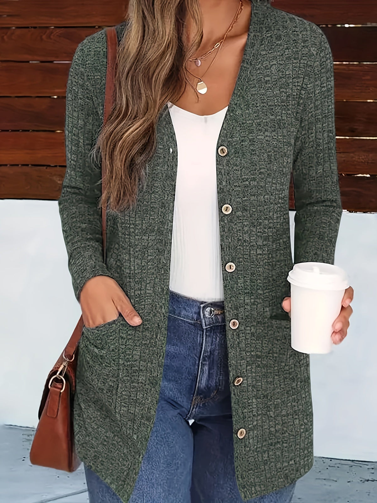 Women's V-Neck Cardigan Coat Buttoned Knit Cardigan with Pockets Solid Color Fall Winter Sweater Coat S-XXL