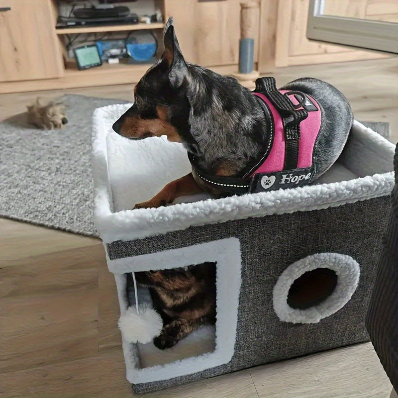 Foldable Multi-Layer Cat House with 2-Tier Bed Toy Tunnel Scratching Post Plush Hanging Ball and Cozy Mat Indoor Cat Cube Enclosure Nylon Frame Canvas All-Season Cat Furniture