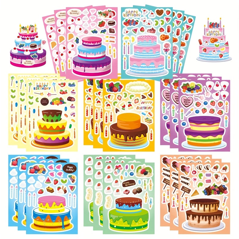 Birthday Cake Stickers for Kids 24 Sheets – DIY Make Your Own Cake Decoration Sticker Set with Fruit, Candy & Candles, Happy Birthday Party Favors, Classroom Teacher Reward Stickers, Fun Gift for Boys Girls