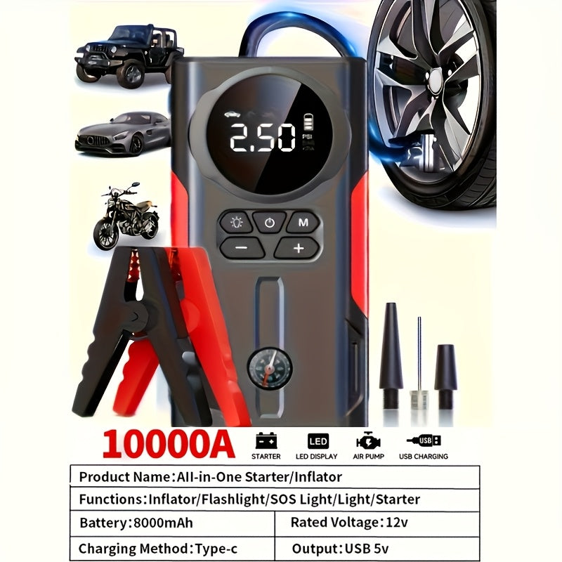 Portable Car Jump Starter Kit Multi-Function 12V Battery Booster with LED Flashlight SOS Rescue Light Air Pump for Cars Trucks Emergency Power Accessory