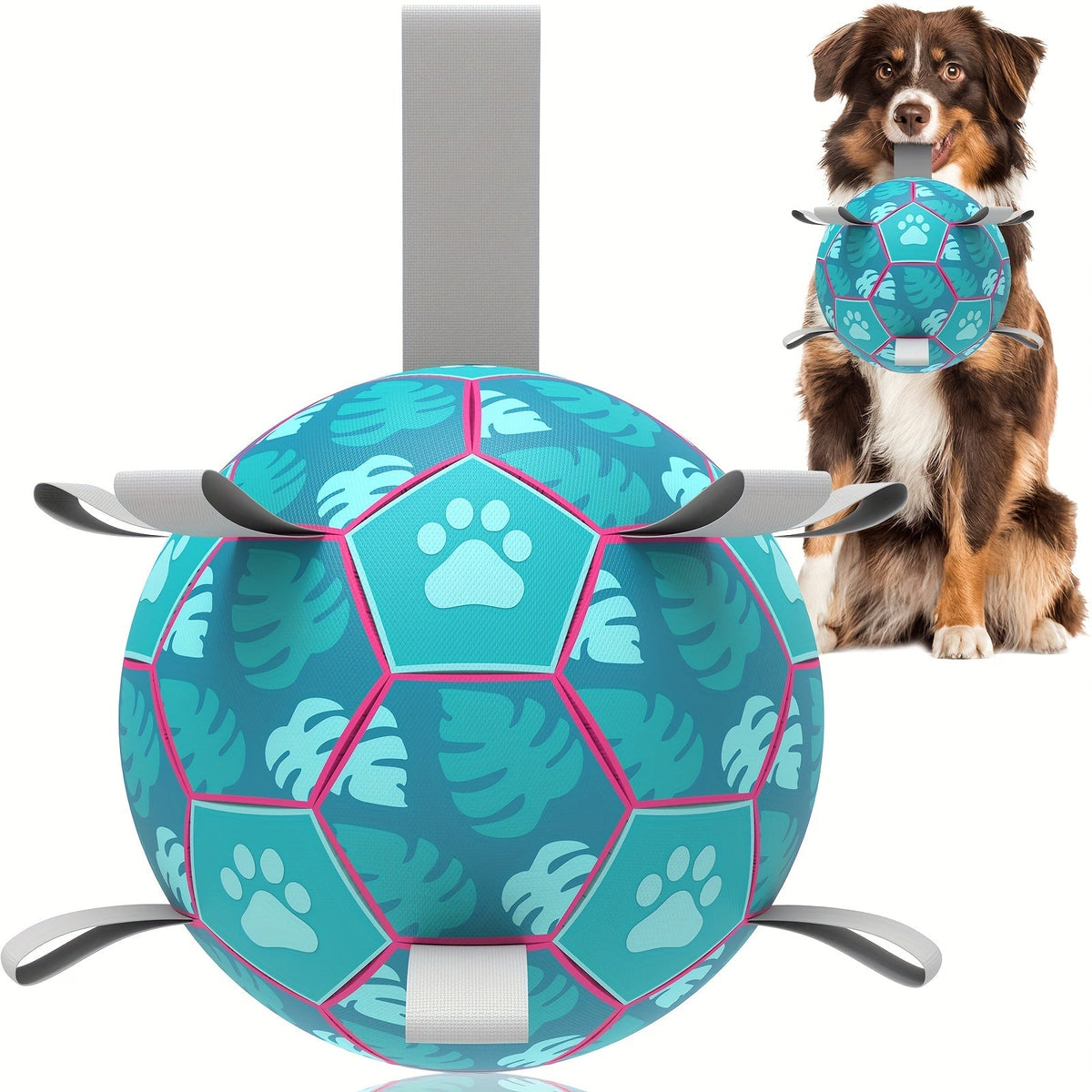 Dog Soccer Ball Toy with Straps Interactive Tug of War Football Dog Toy for Small Medium Breeds – Durable Bouncy Floating Puppy Ball for Indoor Outdoor and Water Play Fetch Training Exercise