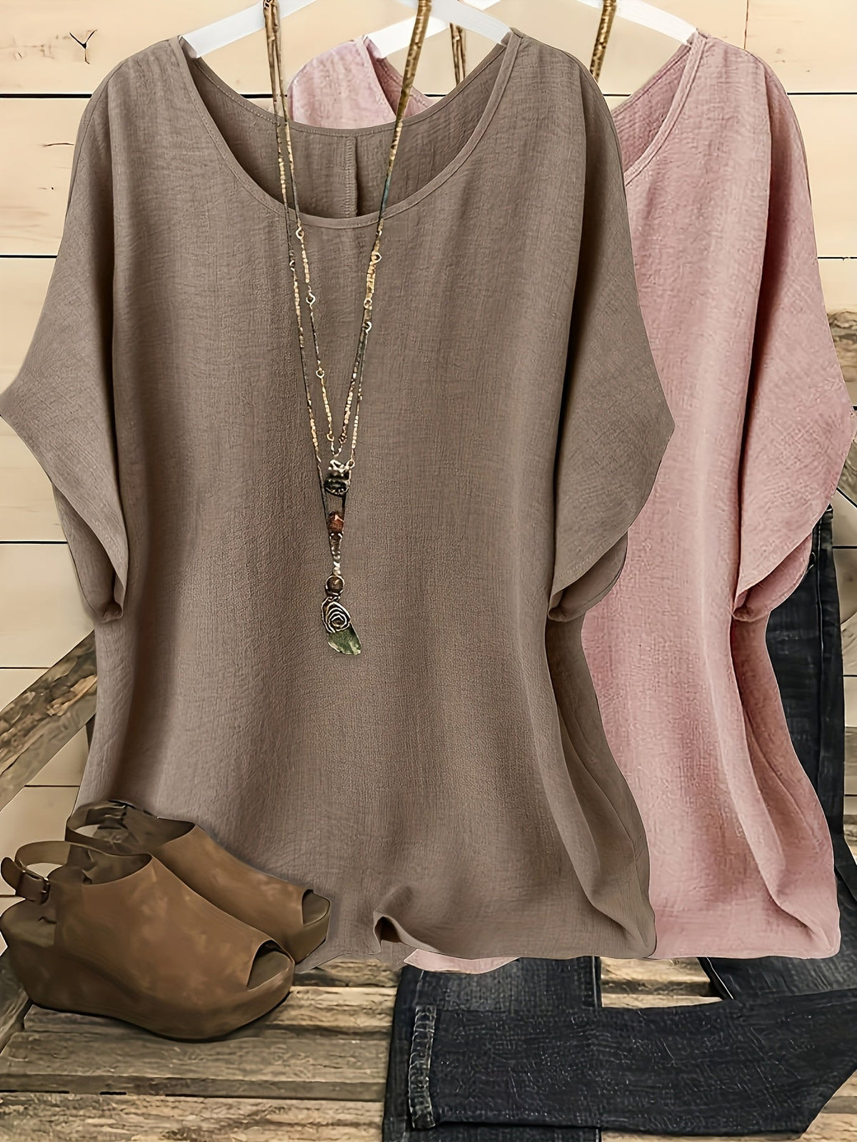 Women's Batwing Sleeve Shirt 2pcs Set Casual Vacation Round Neck Solid Color Loose Top S-XXL Multiple Colors | US Warehouse Fast Shipping