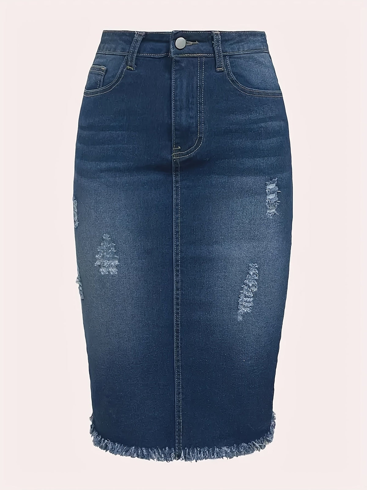 Women's Vintage High-Waisted Denim Midi Skirt – Stretch Raw Hem Distressed Look, Machine Washable, Non-Transparent, Sea Blue, Sizes XS-XXL, Casual Spring Summer Fall Skirt