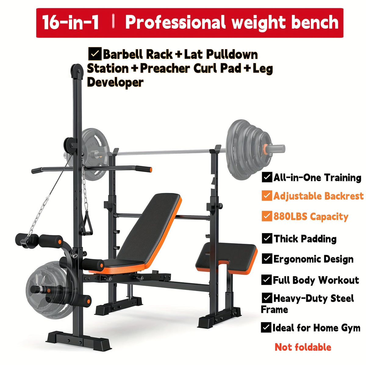 Foldable 6-in-1 Adjustable Weight Bench for Home Gym – 770 LBS Capacity, Flat Incline Decline, Resistance Bands, Preacher Curl Pad & Leg Developer, Full Body Strength Training Equipment