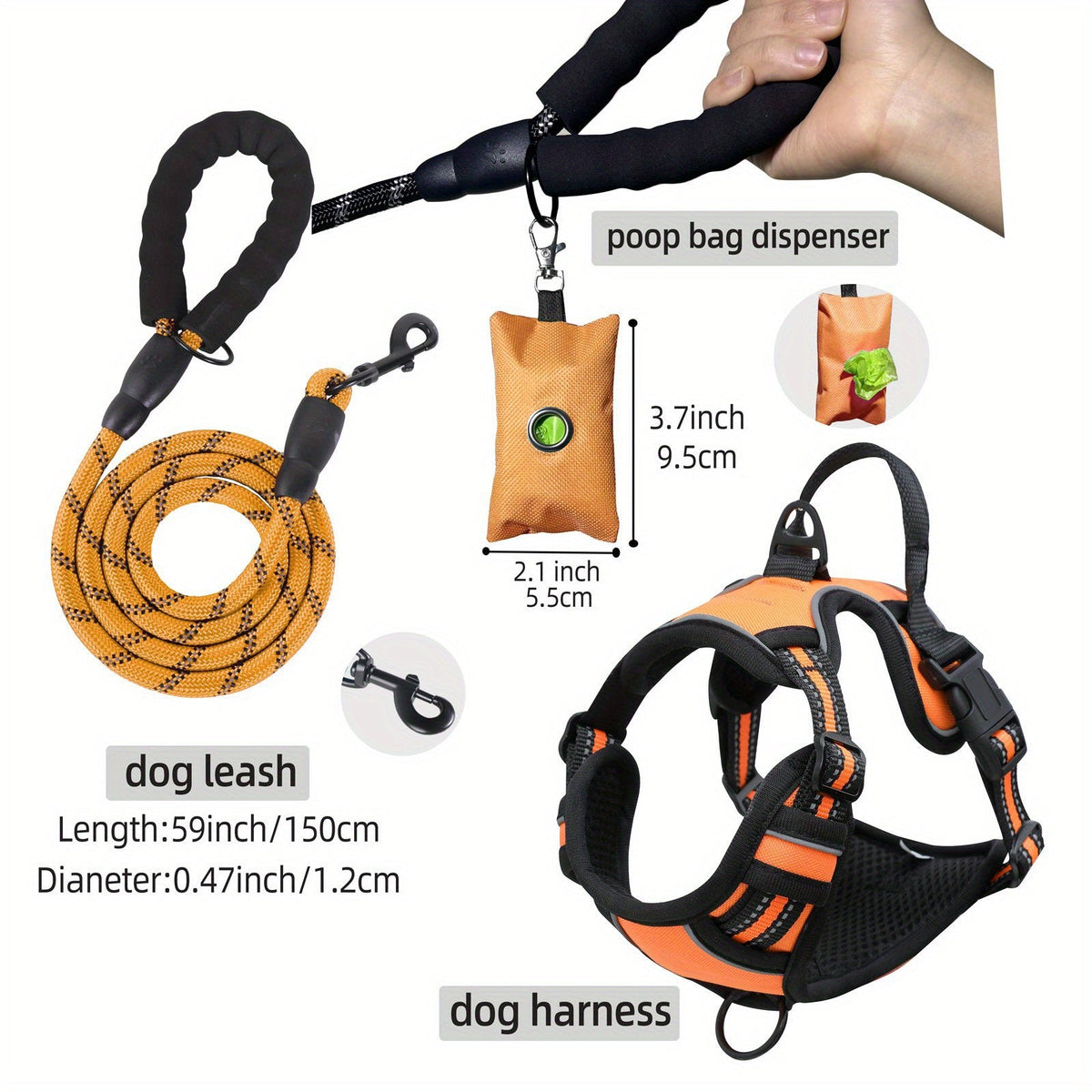 Dog Harness Leash and Poop Bag Dispenser Set 3-Piece Escape-Proof Adjustable Breathable Vest Harness for Medium Large Dogs with Reflective Strips – No-Pull Padded Dog Walking Kit with Waste Bag Holder