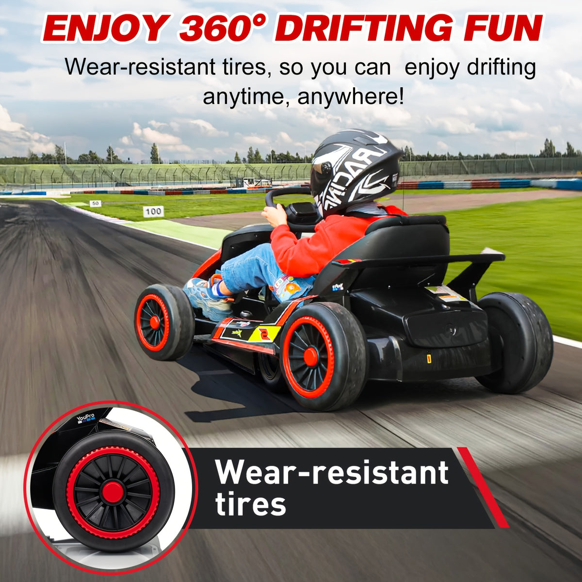 MUKIDY 24V Electric Go-Kart for Kids - 250W Drift Cart for Ages 6-12, All-Terrain EVA Wheels, 5-Point Safety Belt, Soft Start, Music & Horn, Battery Powered Outdoor Ride-On Toy | Best Gift for Boys Girls