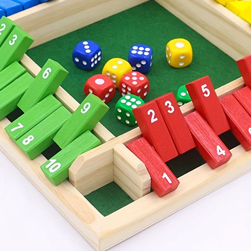 Wooden Number Dice Math Game – Four-Color Board with 8 Colorful Dice, Brain-Teasing Family Tabletop Toy, Party Game for Kids & Adults