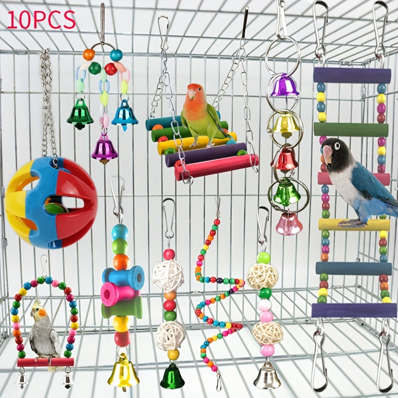 Parrot Toy Combo Set - Bird Cage Swing Perch Rod & Chewing Toys Bundle for Parrots Parakeets Cockatiels Budgies Lovebirds - Bird Cage Enrichment Accessories Assorted Colors