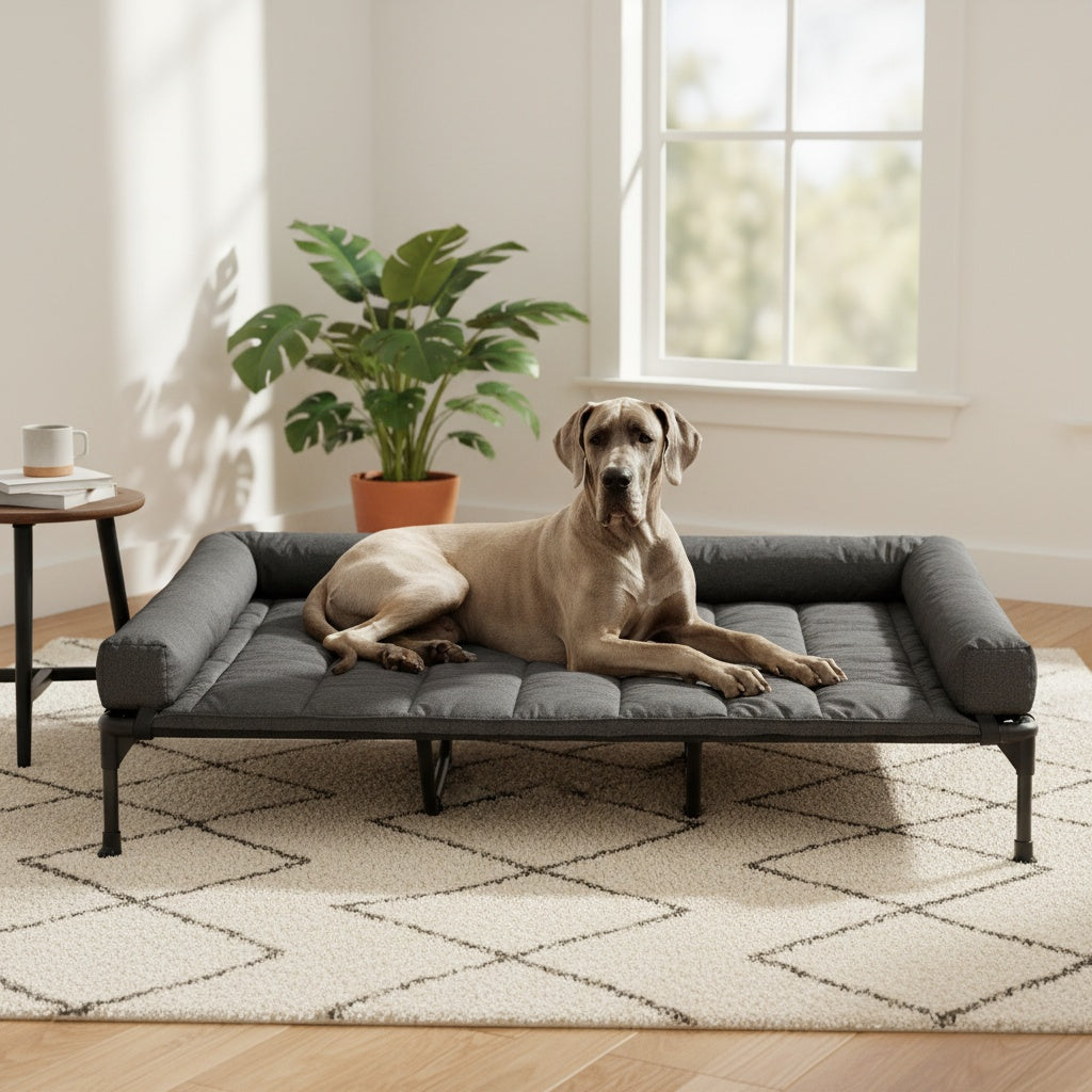 Cooling Elevated Dog Bed with Removable Pillow-Top Mat – Raised Bolster Dog Cot with Breathable Mesh Non-Slip Feet Dog Sofa Bed for Indoor & Outdoor Use