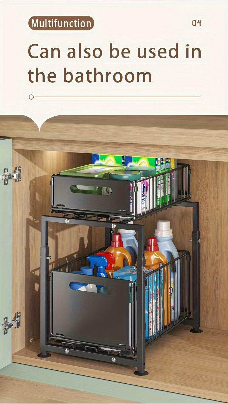 Under Sink Organizer 2-Tier Pull-Out Cabinet Shelf with Adjustable Height, Sturdy Carbon Steel Kitchen Storage Rack, Space-Saving Bathroom & Pantry Cabinet Organizer for Kitchen Organization