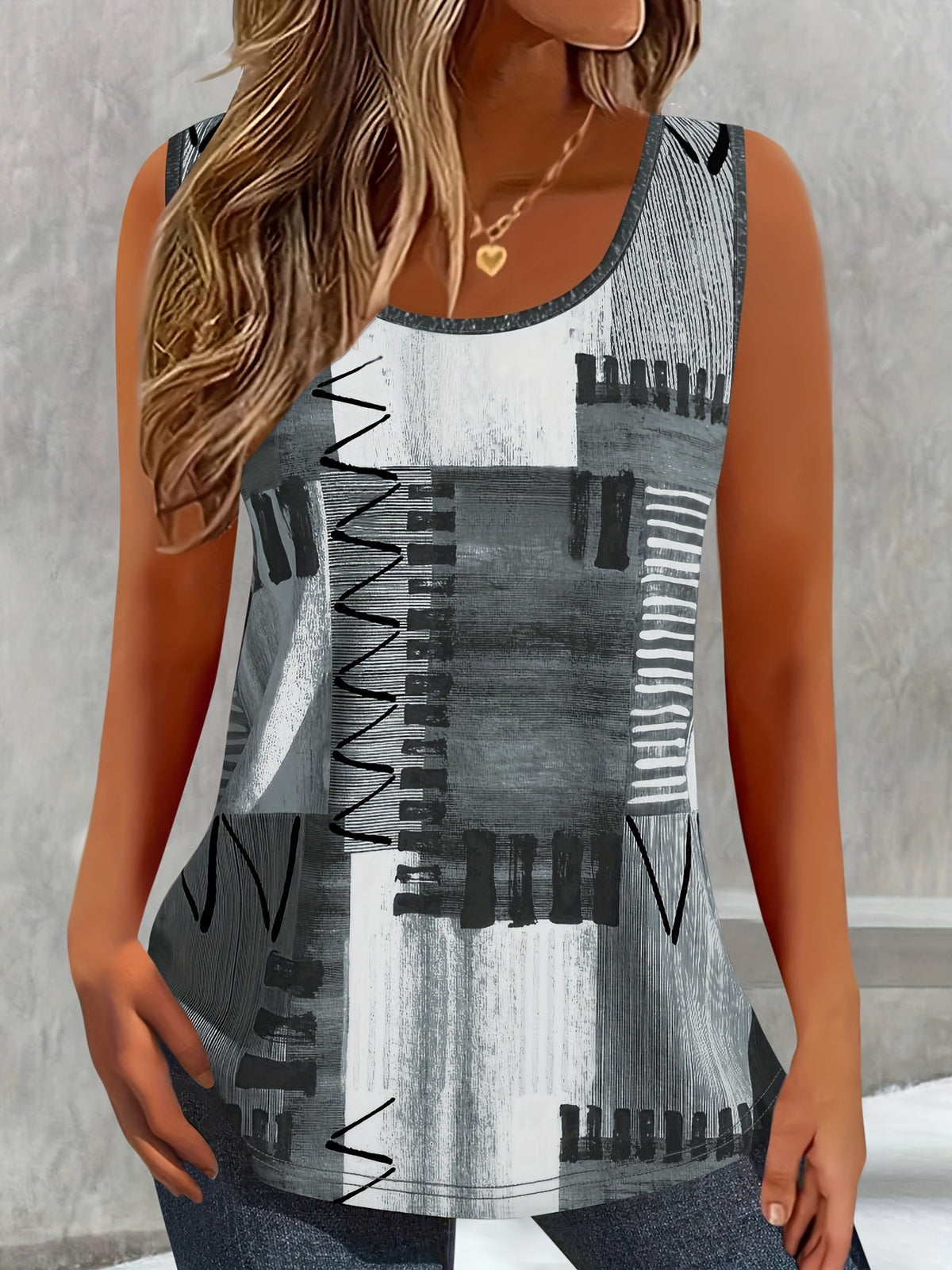 Women's Color Block Geometric Print Sleeveless Tank Top - Casual Round Neck Shirt, Breathable Stretch Fabric, Summer Tops for Women S M L XL