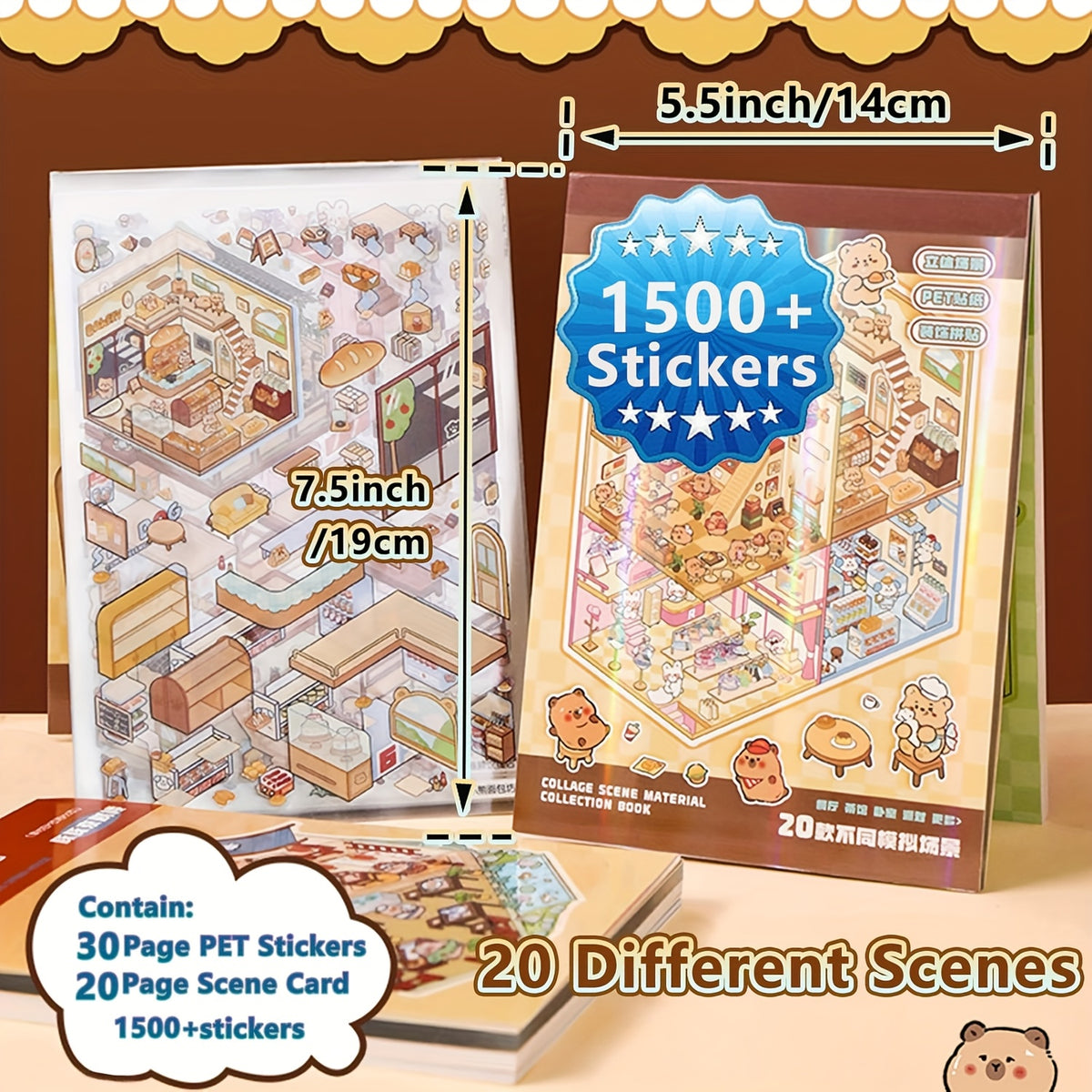 3D Scene Sticker Book for Kids 1500 Pieces - Creative Scrapbook Kit with 20 Scene Cards, 30 Material Types, Four Seasons Landscape Stickers, Educational Arts and Crafts Activity Set for Children