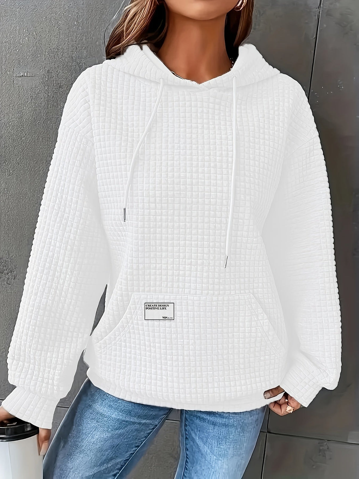 Women's Waffle Hooded Long-Sleeve Sweatshirt – Solid Color Cozy Pullover Hoodie for Autumn & Winter Casual Loungewear & Everyday Wear