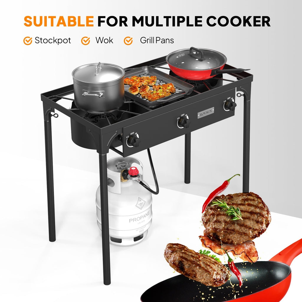 High Pressure Propane Burner Stove 100,000-225,000 BTU - Heavy Duty Cast Iron Outdoor Camp Cooker with Detachable Legs, CSA Listed Regulator, 1 or 3 Burner for Camping, Tailgating & Brewing