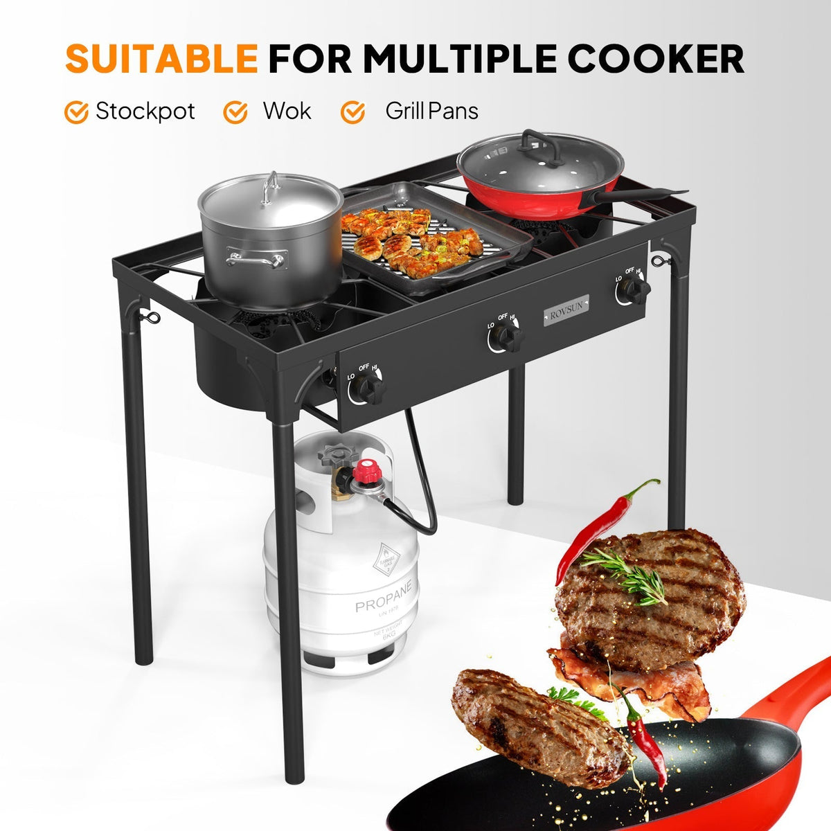 High Pressure Propane Burner Stove 100,000-225,000 BTU - Heavy Duty Cast Iron Outdoor Camp Cooker with Detachable Legs, CSA Listed Regulator, 1 or 3 Burner for Camping, Tailgating & Brewing