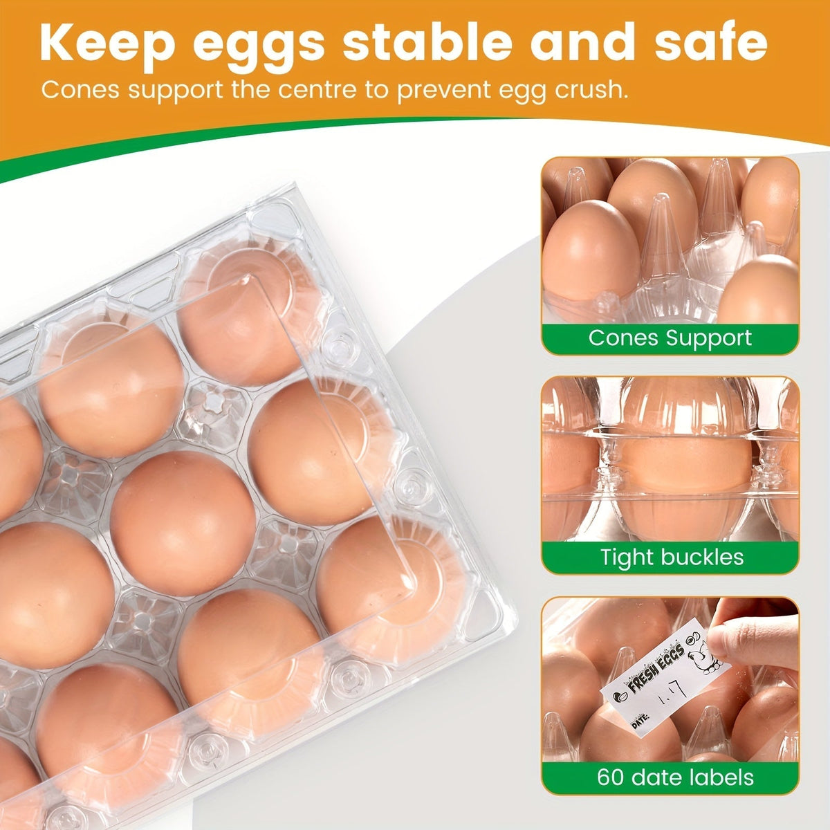 60-Pack Clear Plastic Egg Cartons 12-Cavity with Label Stickers – Bulk PET Egg Boxes for Home Kitchen, Ranch, Chicken Farm, Farmers Market & Refrigerator Storage, Holds Standard Dozen Eggs