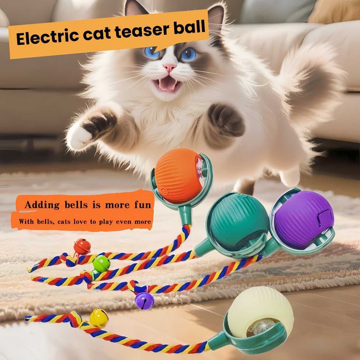Rechargeable Automatic Cat Toy Ball with Bell & Colorful Tail – Intelligent Electric Boredom-Relieving Chase Toy for Cats & Dogs, Self-Moving Interactive Pet Toy, Fun Indoor Play for Kittens & Puppies