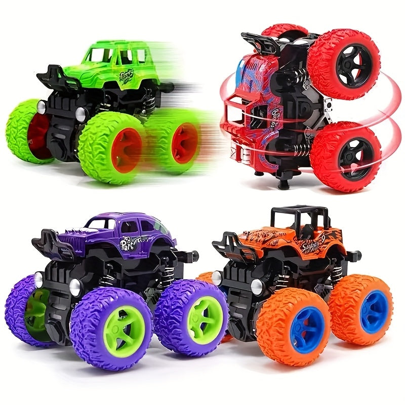 4pcs Friction-Powered Monster Trucks for Toddlers & Kids Ages 3+ - Push & Go Pull Back Inertia Cars with 360° Rotation, Double-Direction Drive, Durable Mini Vehicle Toy Set, Birthday Gift, Random Color