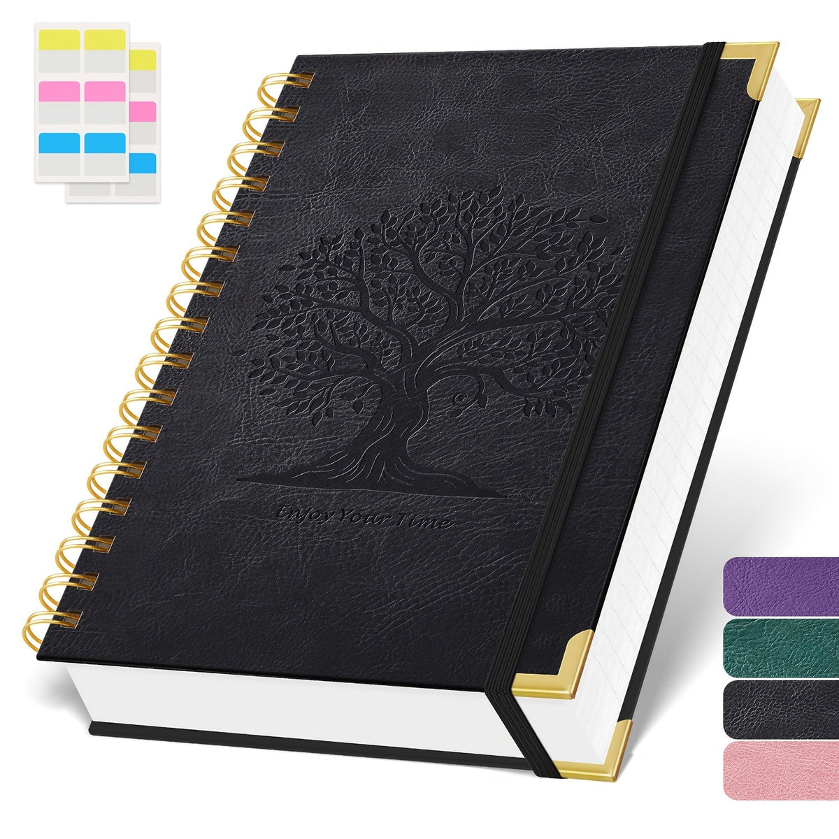 A5 Spiral Notebook Hardcover 300 Pages – Thick 100GSM No Bleed-Through Paper, Leather Cover Journal for College, Work & Writing – For Men & Women (Pink, Black, Green, Purple)