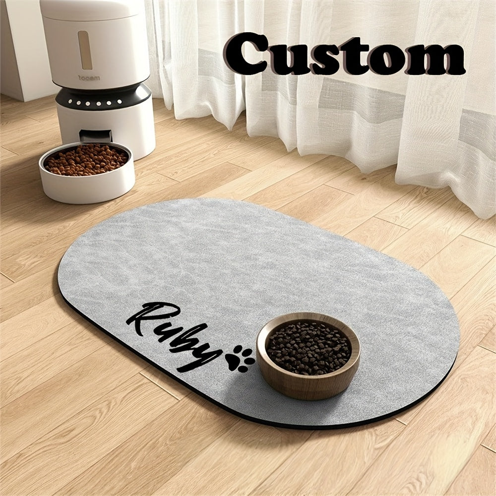 Personalized Quick-Dry Pet Feeding Mat with Non-Slip Rubber Base - Custom Name, Minimalist Dark Grey Design for Dogs & Cats, Indoor Use, Great Gift for Pet Owners