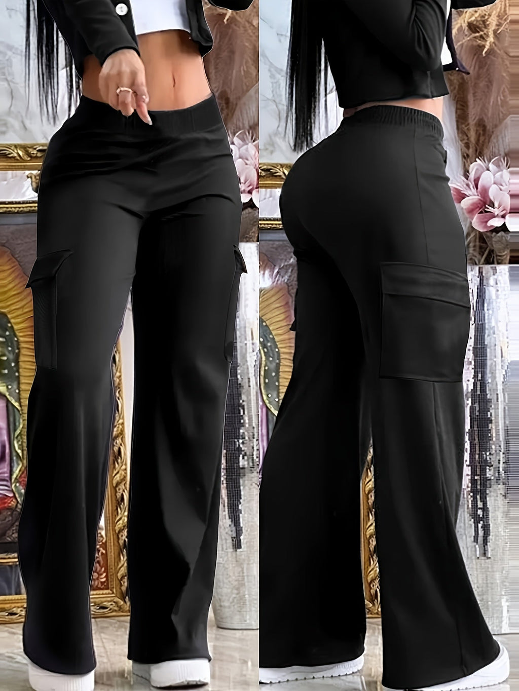 Women's Wide Leg Pants Black – High Waist Pull-On Casual Work Trousers with Pockets, Loose Fit Straight Leg Bottoms for Office, Business Casual & Everyday Wear, Sizes XS-XXL