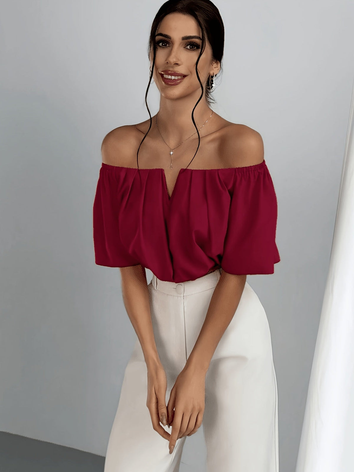 Off Shoulder V-Neck Blouse Women Short Sleeve Solid Color Sexy Summer Top | Vacation Party Casual Wear Multiple Colors XS-L