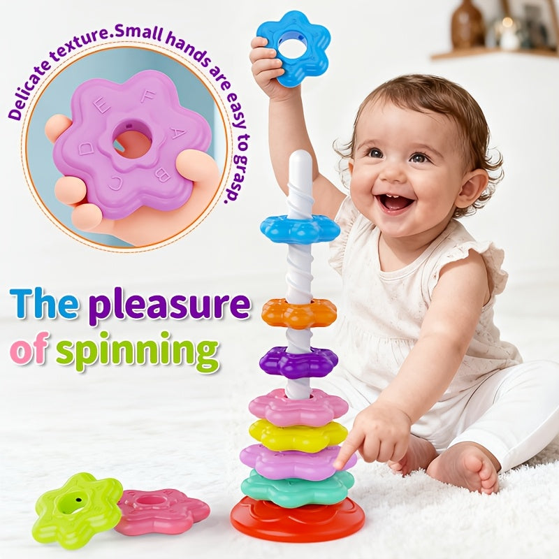 Rainbow Spinning Stacking Tower Toy for Toddlers – 10-Piece Rotating Ring Toss Matching Game for Color Recognition & Cognitive Development | Multicolor Educational STEM Gift for Kids Ages 1-3