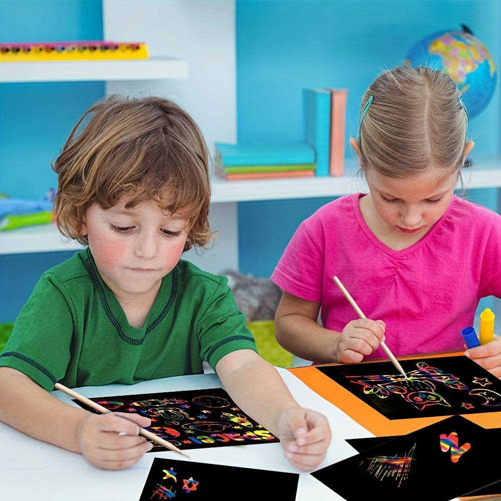 Magic Scratch Art Set for Kids DIY Rainbow Scratch Paper Painting Kit with Stencils Sheets and Stylus Creative No-Power Art Activity for Journal Drawing Scrapbook Christmas Halloween Easter Gift