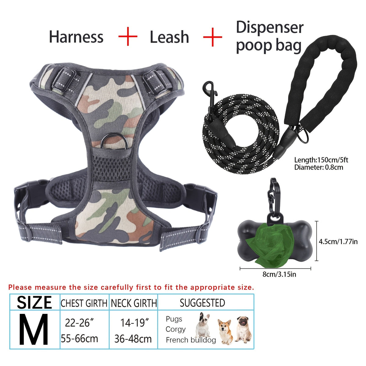 4-Piece Dog Harness and Leash Set No-Pull No-Choke Reflective Oxford Vest Harness with Leash Poop Bag Dispenser Easy Control Handle for Medium Large Dogs Outdoor Training Walking