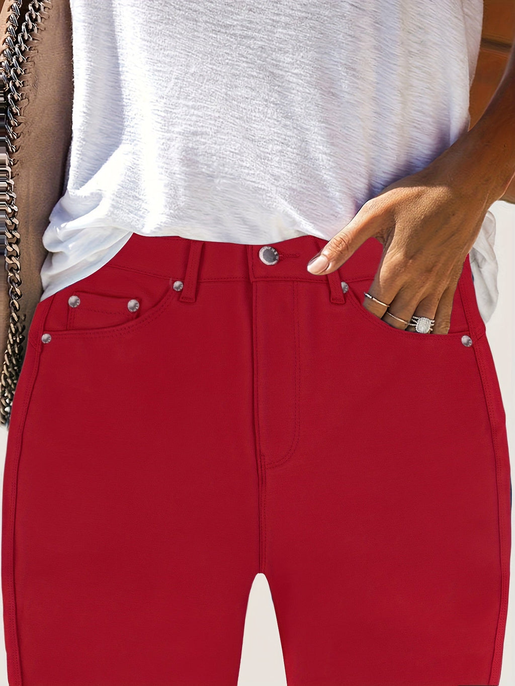 Women's High Waist Stretch Skinny Jeans Metal Button Detail Street Style Slim Fit Denim Pants 10 Colors S-XXL