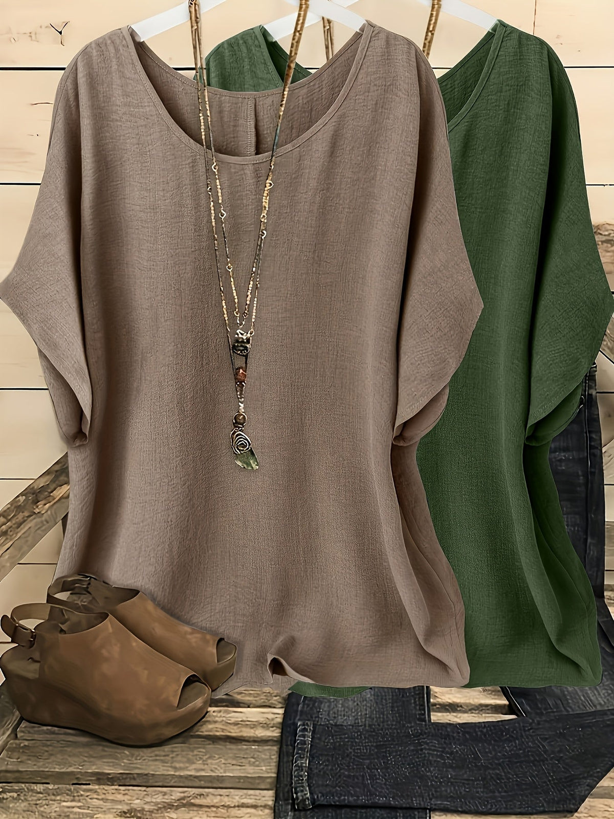 Women's Batwing Sleeve Shirt 2pcs Set Casual Vacation Round Neck Solid Color Loose Top S-XXL Multiple Colors | US Warehouse Fast Shipping