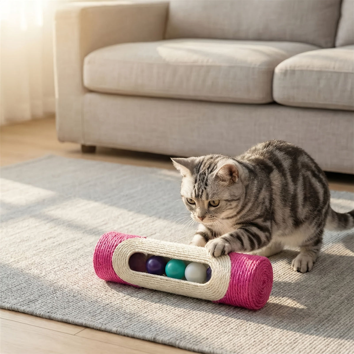 Sisal Rope Cat Scratch Toy - Long Drum Cat Scratcher with 3 Rolling Balls, Bite & Scratch Resistant Interactive Cat Toy for Indoor Cats, Keeps Cats Entertained & Protects Furniture
