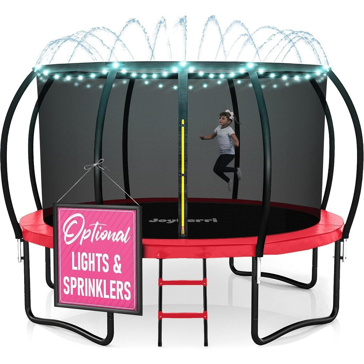 JoyBerri Outdoor Trampoline with Enclosure Net - 8FT to 16FT Backyard Trampoline for Kids & Adults, Heavy Duty Anti-Rust Frame, LED Lights, Sprinkler & Ladder Included | Family Fitness Fun Gift