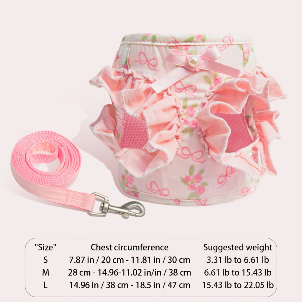 Dog Harness and Leash Set Vest Style – Soft Breathable Snap Closure Pet Harness with Cute Bow Cartoon Design, Double Protection for Small & Medium Dogs, Comfortable No-Pull Walking Harness S/M/L