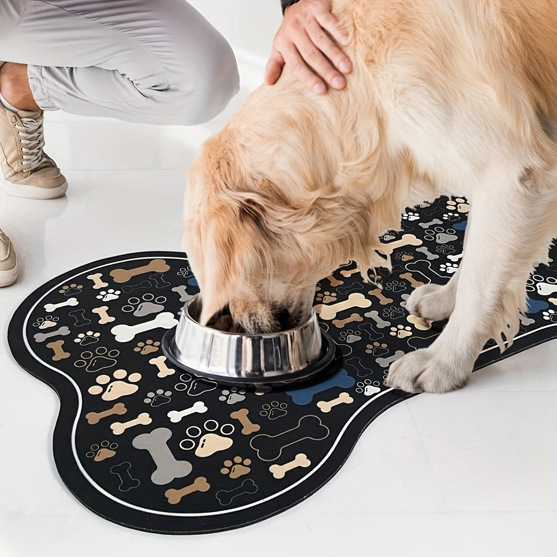 Dog Feeding Mat Non-Slip Quick-Dry Paw Print & Fishbone Design - Durable Polyester Pet Food & Water Bowl Pad for Small to Medium Dogs, Waterproof Easy-Clean Dog Placemat for Kitchen & Floor
