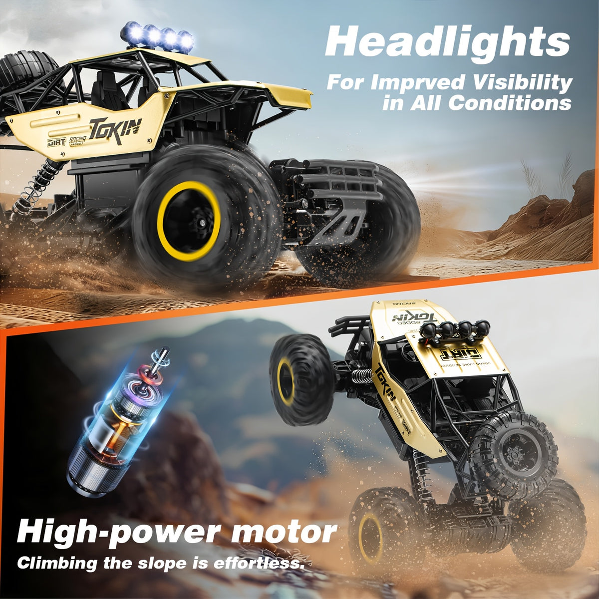 1:12 Scale RC Monster Truck 2.4GHz Off-Road Remote Control Car - Alloy Body, Independent Suspension, Rubber Tires, LED Lights, 1200mAh Battery, Crash-Resistant - Golden