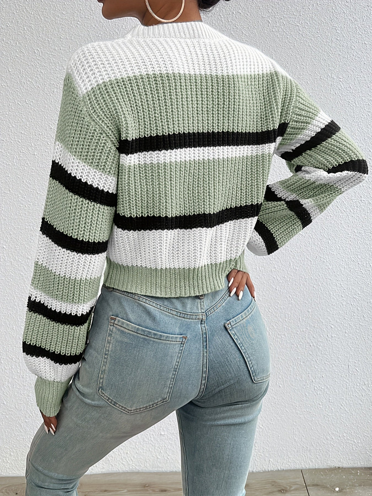 Striped Color Block Drop Shoulder Cropped Sweater Women Fall Winter Loose Fit Knit Pullover Round Neck Long Sleeve Top S-XL