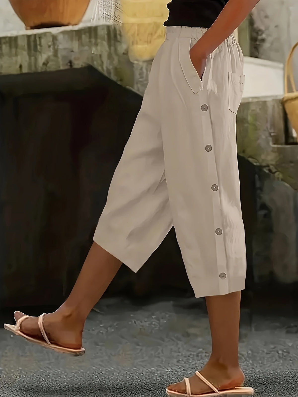 Women's Capri Pants Elastic Waist Button Decoration Casual All-Season Comfort Pants with Pockets Black Olive Green Navy Coffee Off-White S M L XL XXL