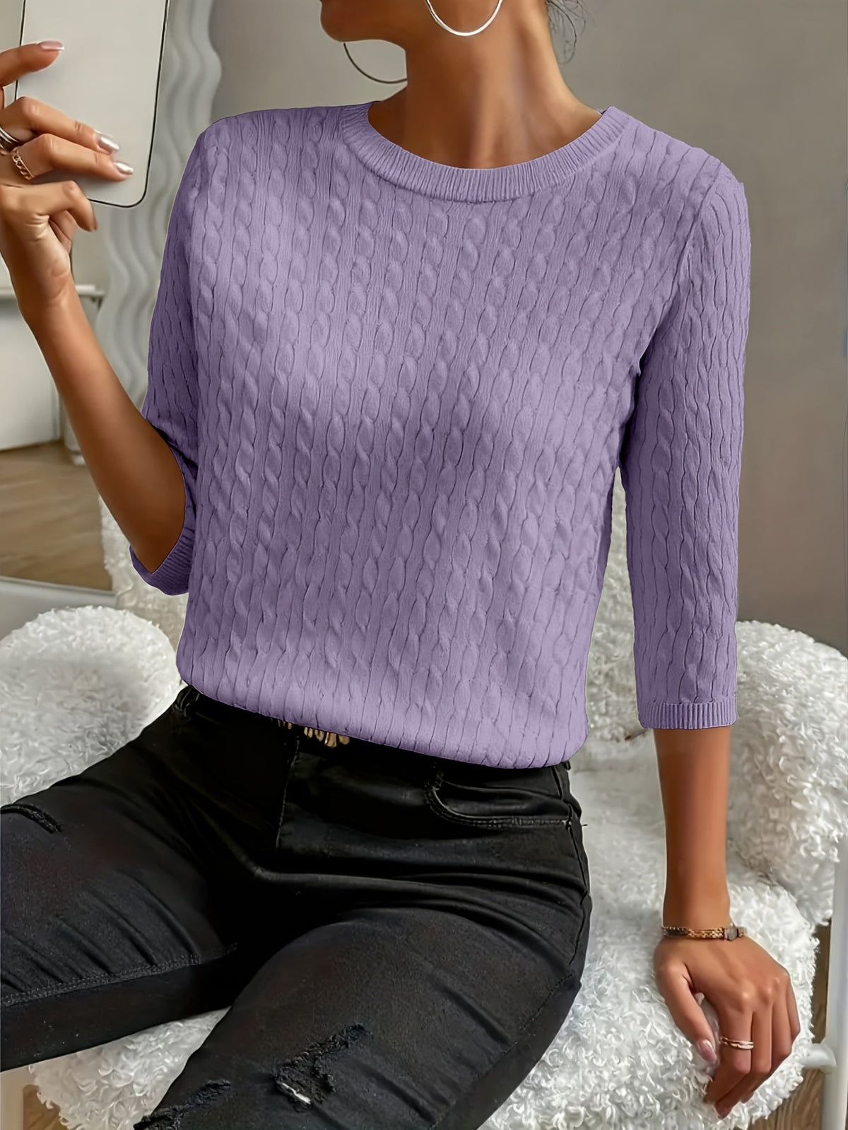 Women's Ribbed Three-Quarter Sleeve Pullover Sweater – Round Neck Solid Color Knit Top for Fall & Winter, Soft Stretch Versatile Everyday Style