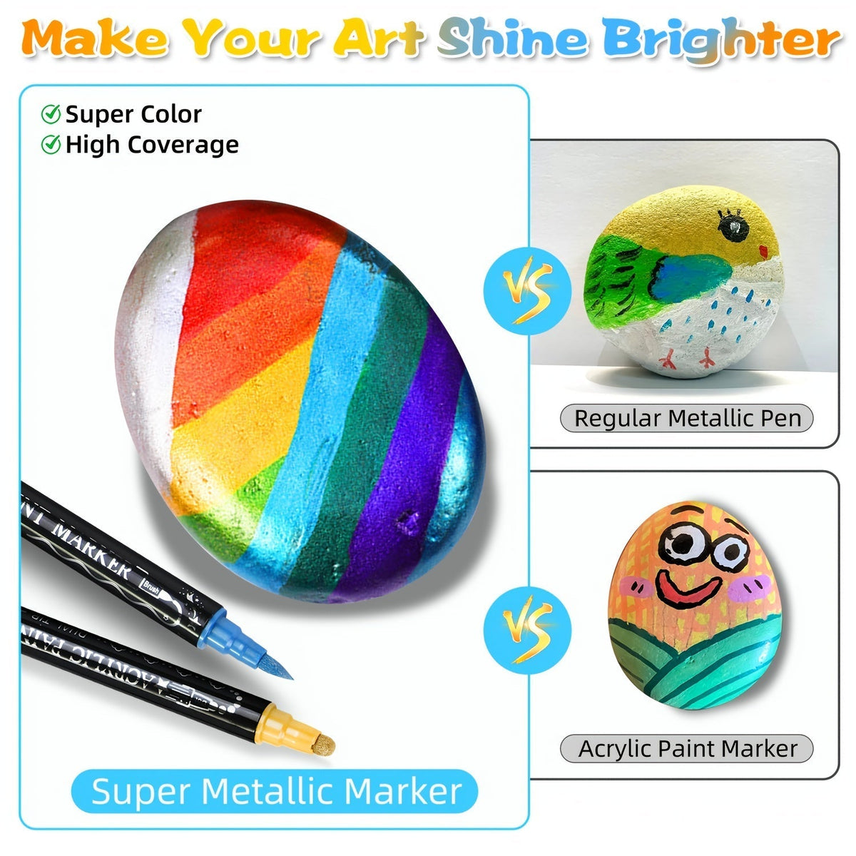 24 Metallic Acrylic Paint Markers Dual Tip – Brush Tip & Dot Tip Waterproof Permanent Paint Pens for Rock Painting, Ceramic, Wood, Canvas, Glass, Stone, Calligraphy & Card Making Crafts