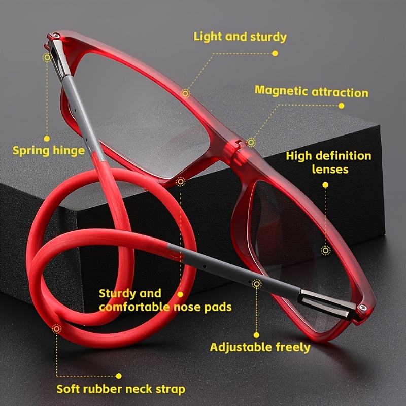 4 Pairs Magnetic Neck Hanging Folding Reading Glasses for Men and Women – Ultra-Light Square Retro Presbyopic Frame, Portable Telescopic Anti-Fall Design, Strengths +1.0 to +4.0 for Office Daily Wear