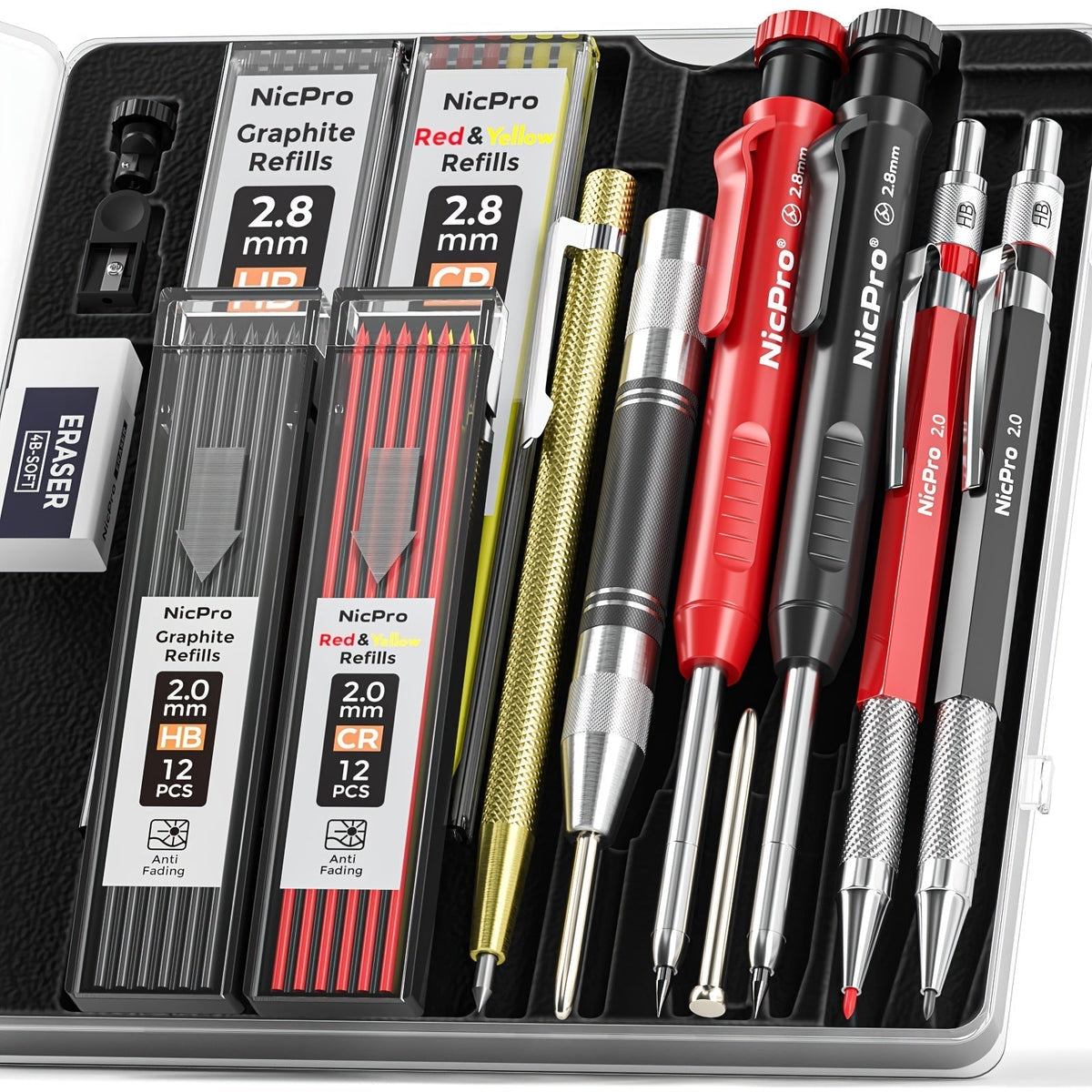 Carpenter Pencil Set with Sharpener – Mechanical Pencils with Refills, Automatic Center Punch & Carbide Scribe Tools in Sturdy Case, 15/16/17/18/27-Piece Pro Marking Kit for Woodworking