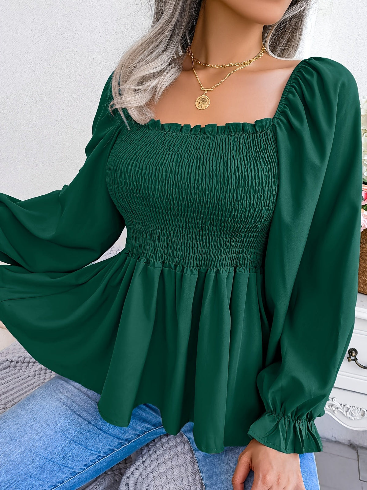 Women's Square Neck Chiffon Blouse Flutter Sleeve Ruffle Hem Top | Casual Long Flared Sleeve Solid Color Woven Polyester Shirt S M L XL