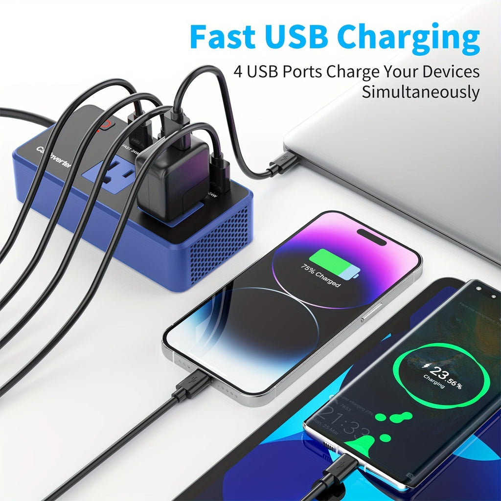 200W Car Power Inverter DC 12V to 110V AC with PD 24W & QC 24W Quick Charge – Dual Fast Charging Vehicle Adapter for Car Office, Work from Car, Camping & Road Trip